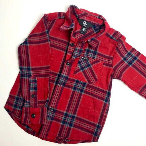 5/30$ Volcom Kid's (3T) Retro Style Flannel Red Plaid Shirt Modern Skateboard - Picture 1 of 5